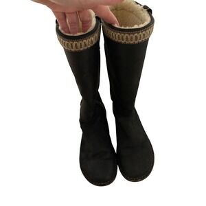 UGG Australia Sunburst Tall Black Leather Shearling Lined Boots Womens 9 5139